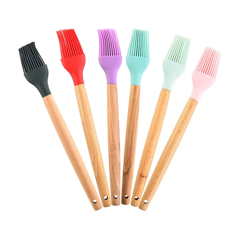 1PC Silicone BBQ Oil Basting Brush with Wood Handle Cake Bread Cream Cooking Brushes Baking Barbecue Kitchen Accessories
