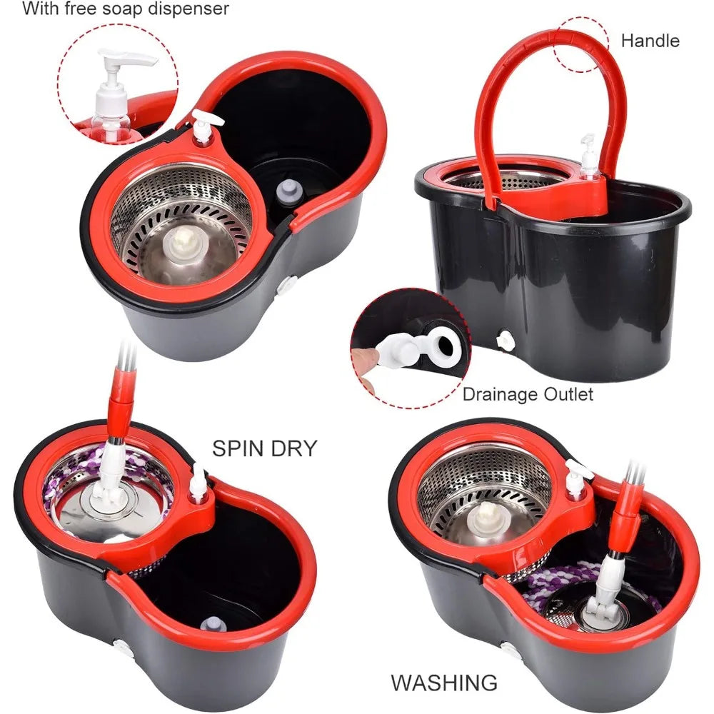 Mop and Bucket Set, 360° Spin Mop and Bucket, Stainless Steel 61" Extended Handle