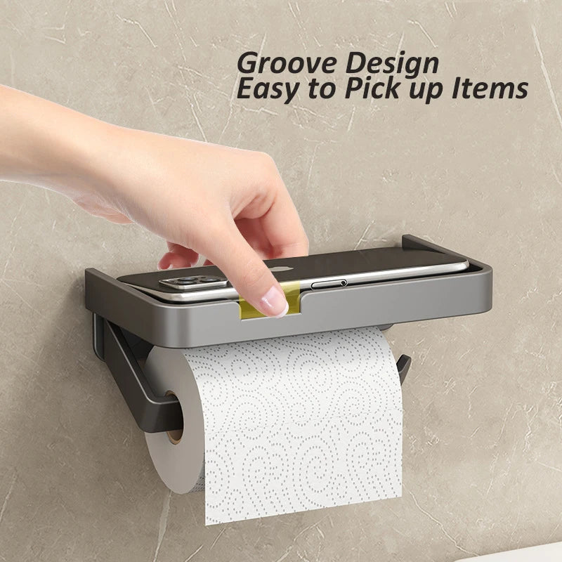 Bathroom Toilet Roll Paper Shelf Wall-Mounted Tissue Roll Holder with Storage Tray Aluminum Bathroom Phone Stand Organizer Rack