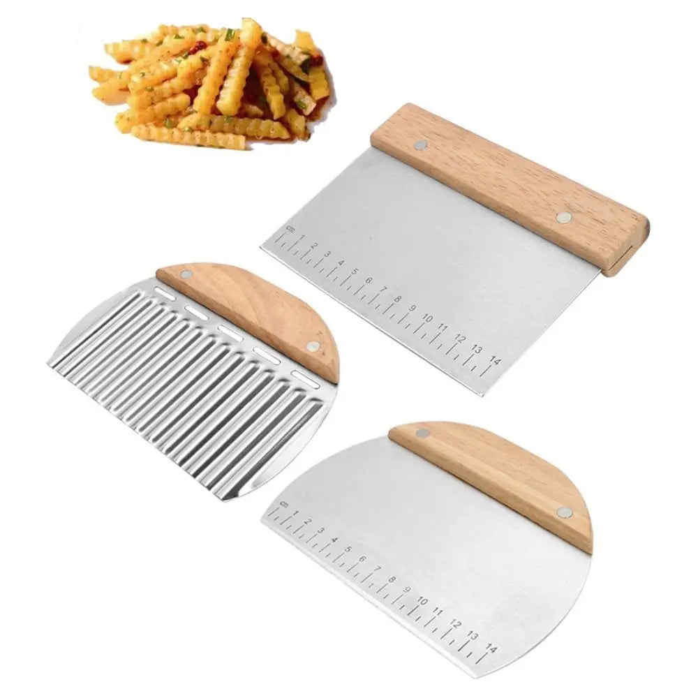 Oak Handle Pastry Dough Cutter Stainless Steel Wavy Pizza Pies Cutter Semicircle Rectangle Scraper with Measure Flour Bread