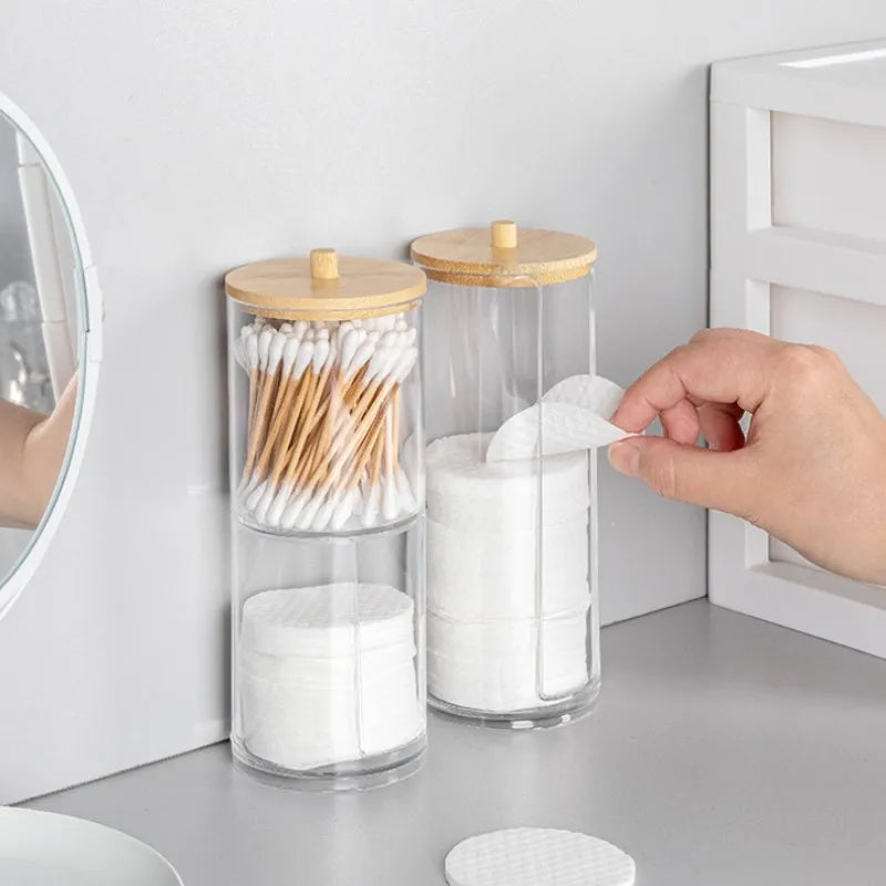 Wooden Cover Acrylic Storage Box Cosmetic Cotton Organizer Multifunctional Jewelry Box Cotton Swab Storage Box Desktop Organizer