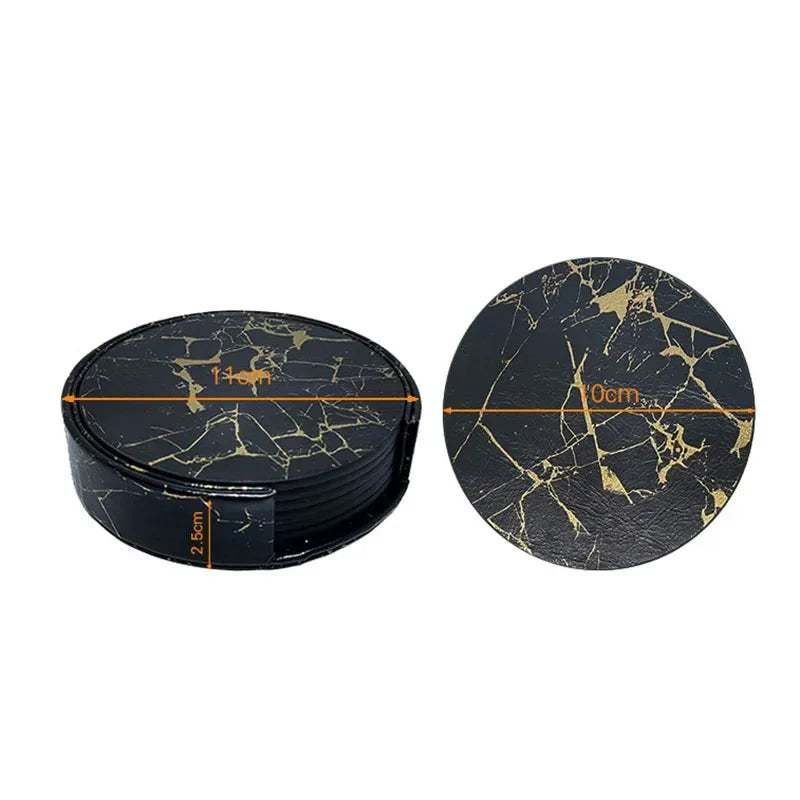6pcs Heat-resistant Marbling PU Leather Coaster Set Drink Coffee Cup Mat Black White Round Tea Pad Table Easy to Clean Placemats