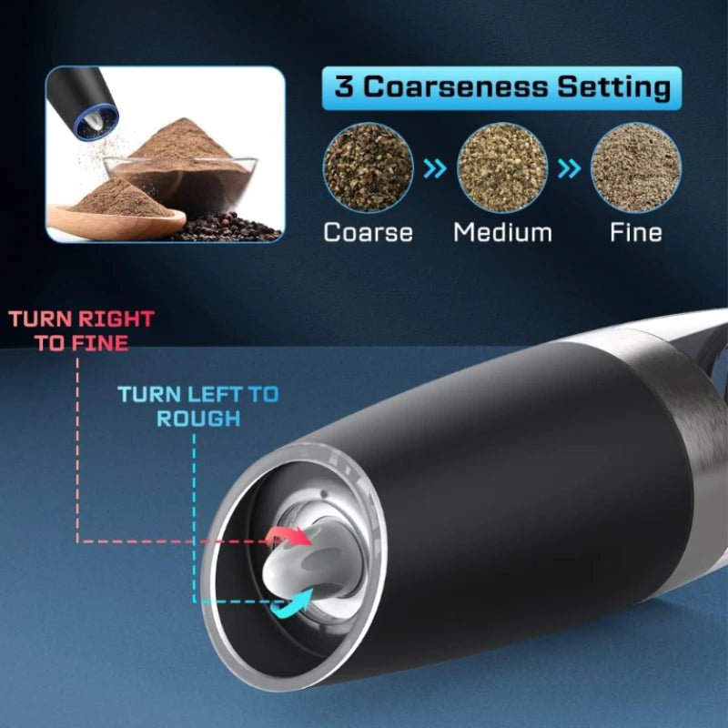 Gravity Electric Salt and Pepper Grinder Automatic Mill Battery-Operated Adjustable Coarseness Stainless Steel One Hand Operated