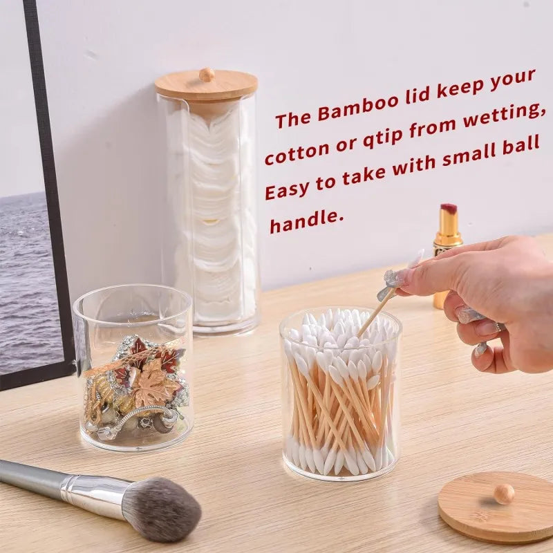 Wooden Cover Acrylic Storage Box Cosmetic Cotton Organizer Multifunctional Jewelry Box Cotton Swab Storage Box Desktop Organizer