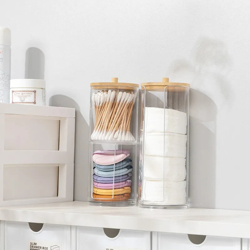 Wooden Cover Acrylic Storage Box Cosmetic Cotton Organizer Multifunctional Jewelry Box Cotton Swab Storage Box Desktop Organizer