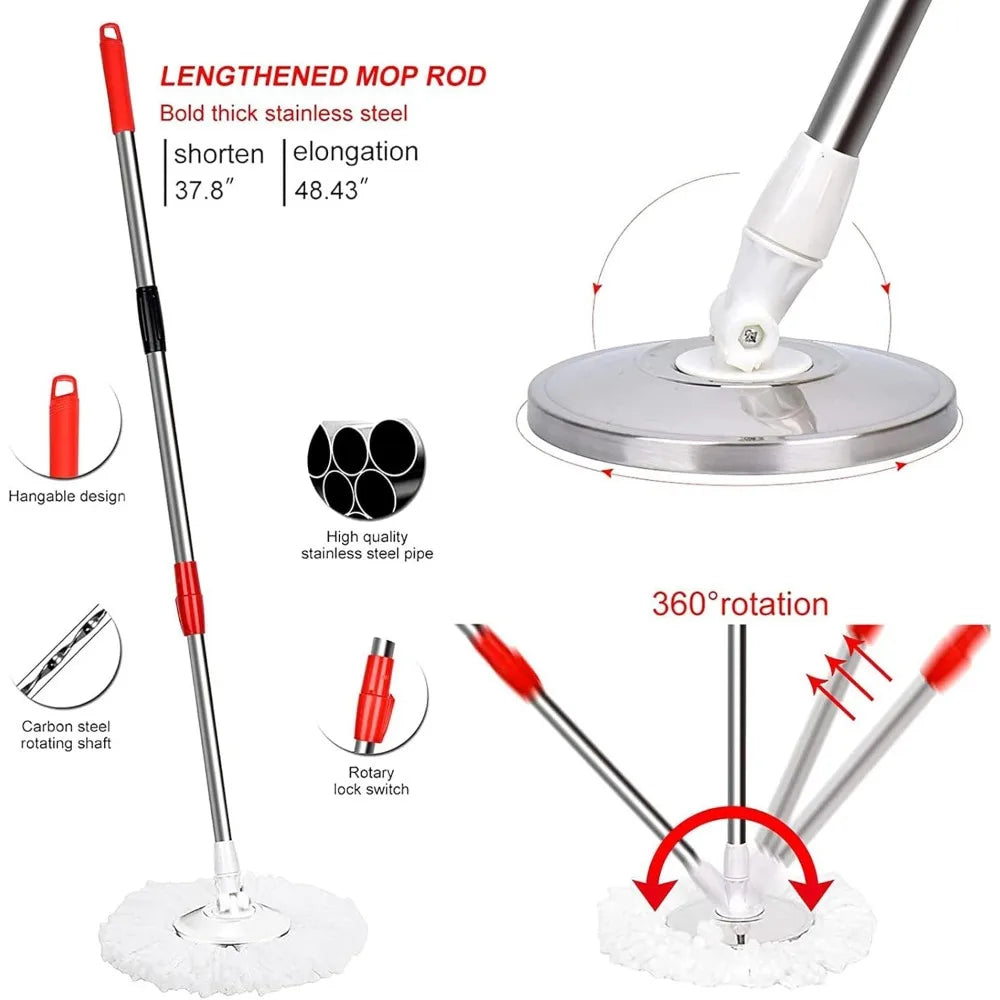 Mop and Bucket Set, 360° Spin Mop and Bucket, Stainless Steel 61" Extended Handle
