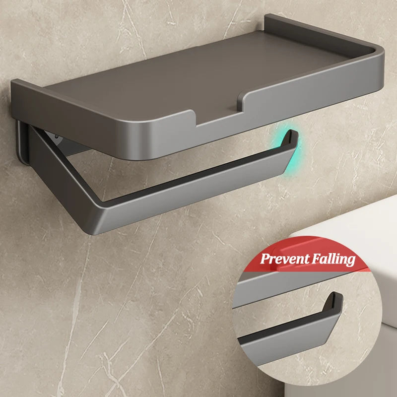 Bathroom Toilet Roll Paper Shelf Wall-Mounted Tissue Roll Holder with Storage Tray Aluminum Bathroom Phone Stand Organizer Rack