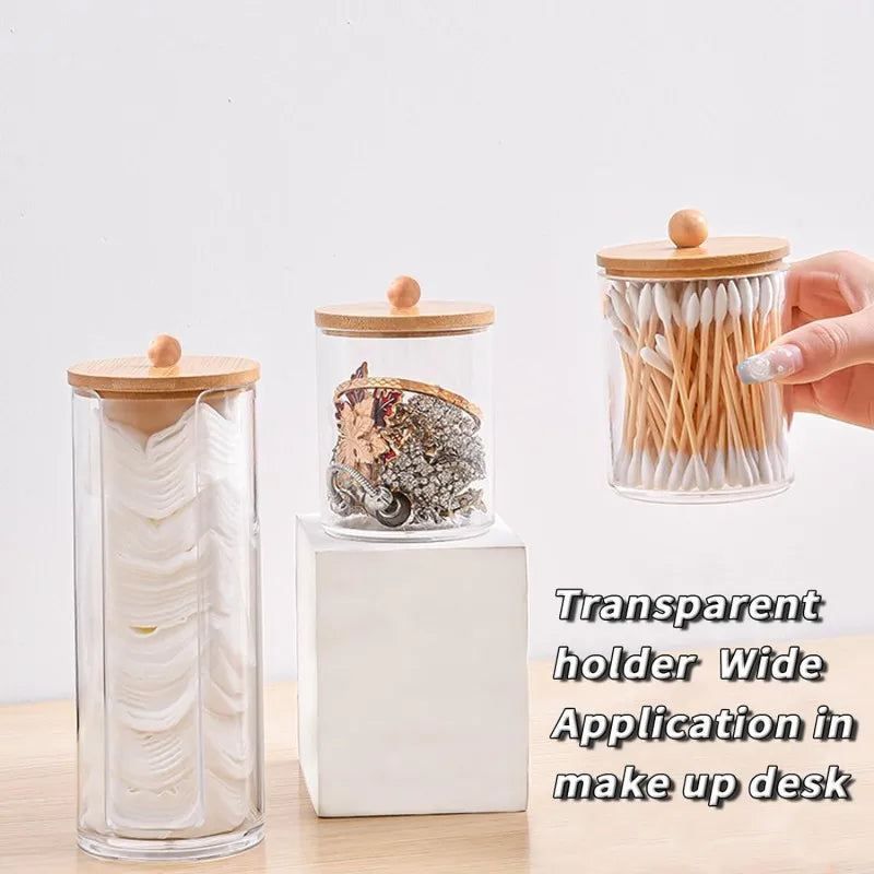 Wooden Cover Acrylic Storage Box Cosmetic Cotton Organizer Multifunctional Jewelry Box Cotton Swab Storage Box Desktop Organizer