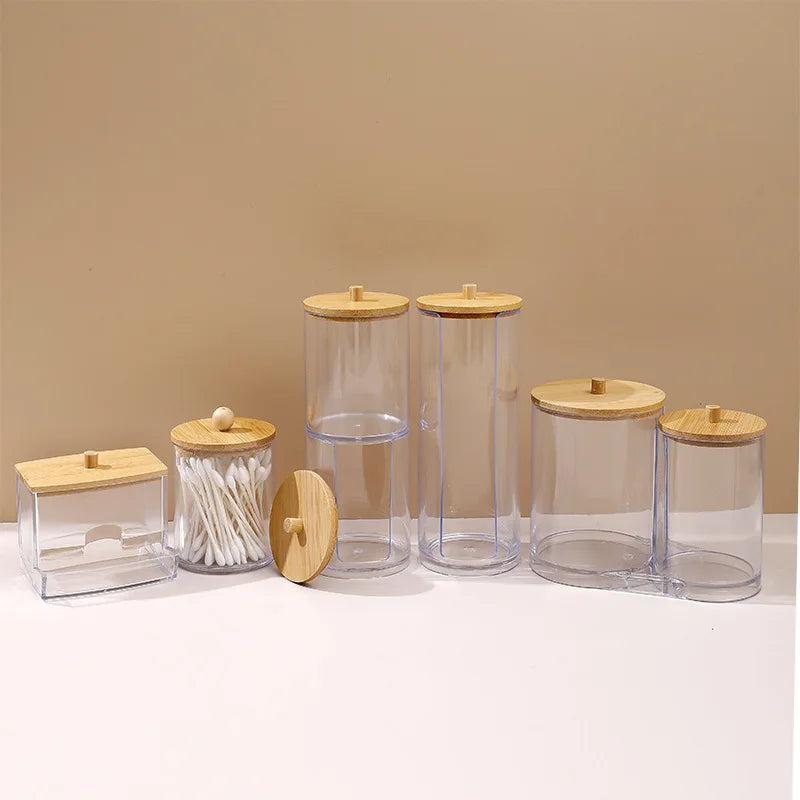 Wooden Cover Acrylic Storage Box Cosmetic Cotton Organizer Multifunctional Jewelry Box Cotton Swab Storage Box Desktop Organizer