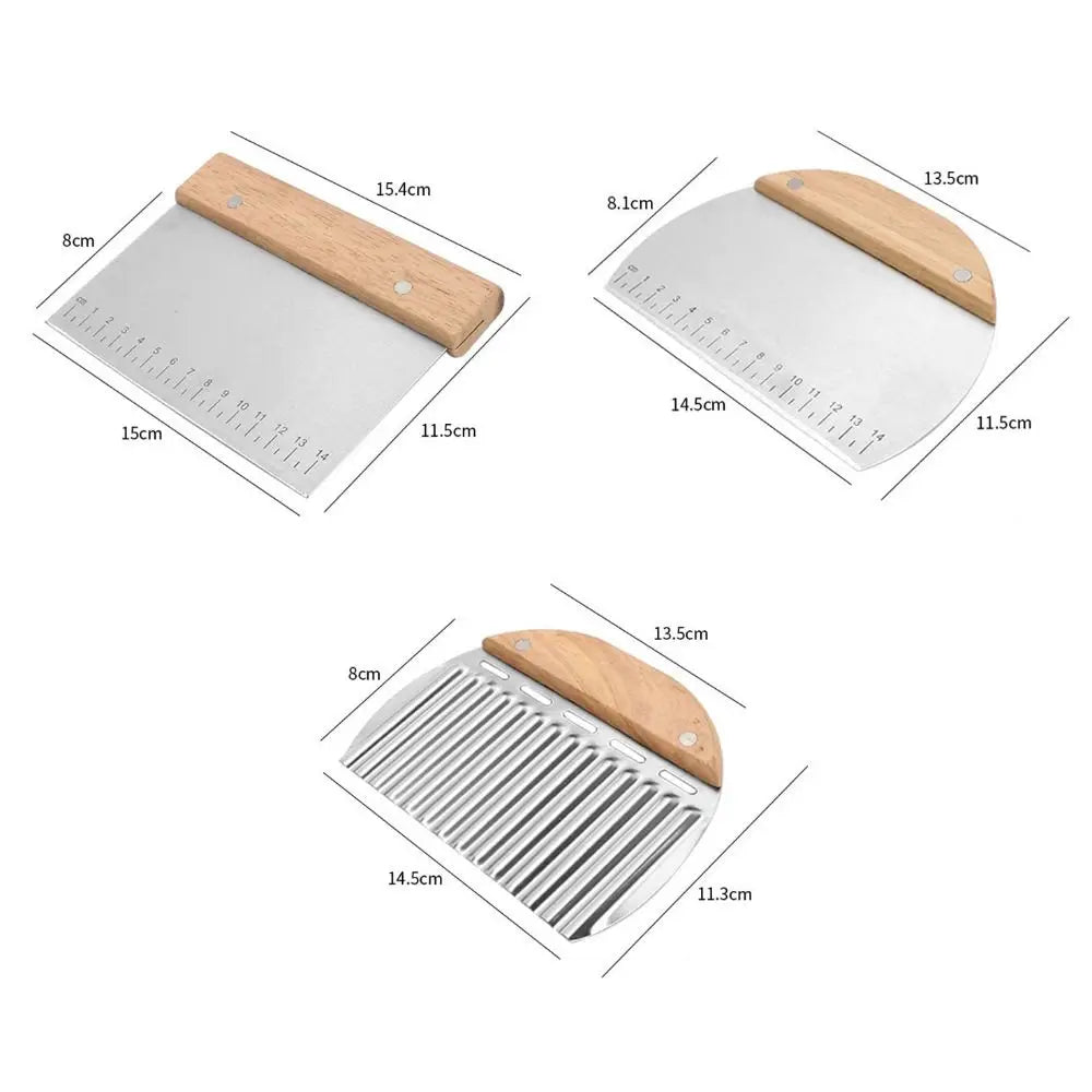 Oak Handle Pastry Dough Cutter Stainless Steel Wavy Pizza Pies Cutter Semicircle Rectangle Scraper with Measure Flour Bread