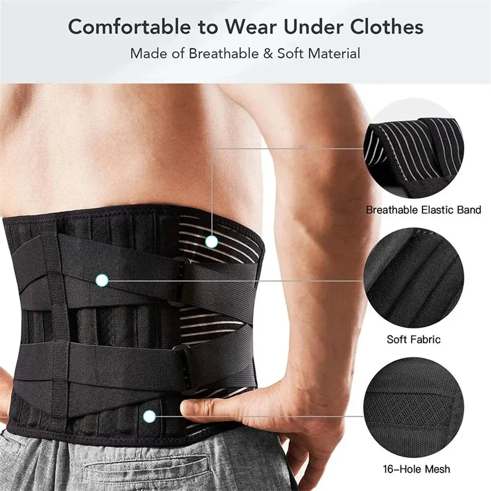 Back Lumbar Support Belt Men Spine Decompression Waist Trainer Adjustable Back Brace for Lower Back Pain Relief with 6 Stays 1PC
