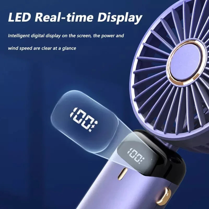 Handheld Mini Fan 3000mAh Foldable Portable Neck Hanging Fans 5 Speed USB Rechargeable Fan with Phone Stand and Display Screen