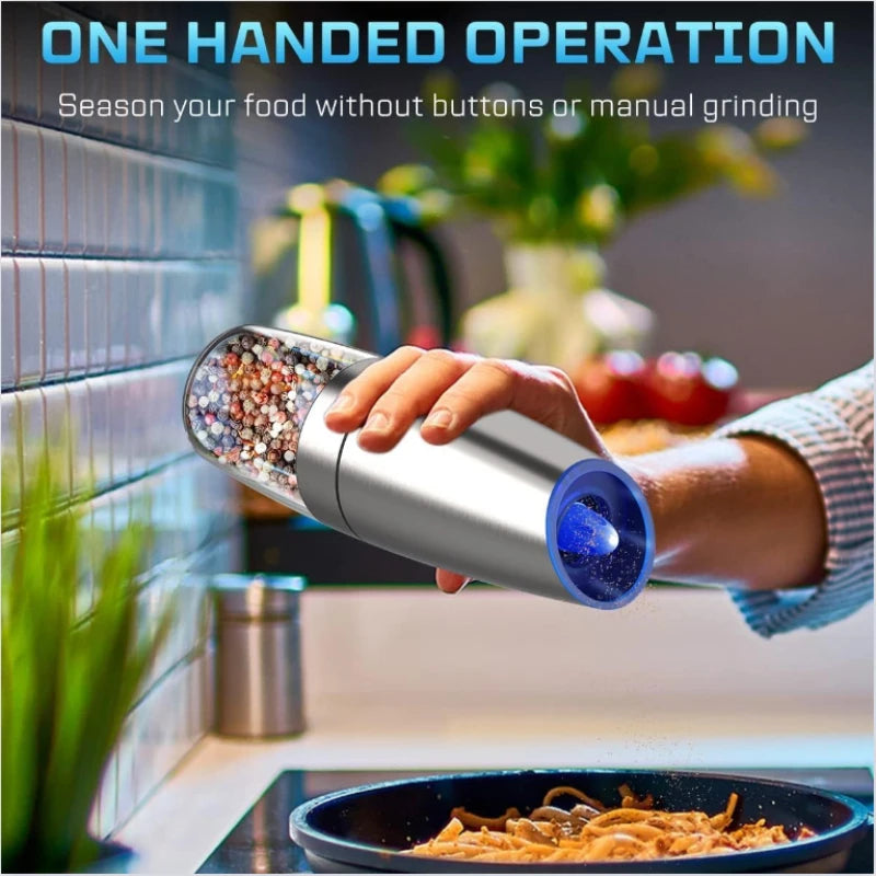 Gravity Electric Salt and Pepper Grinder Automatic Mill Battery-Operated Adjustable Coarseness Stainless Steel One Hand Operated