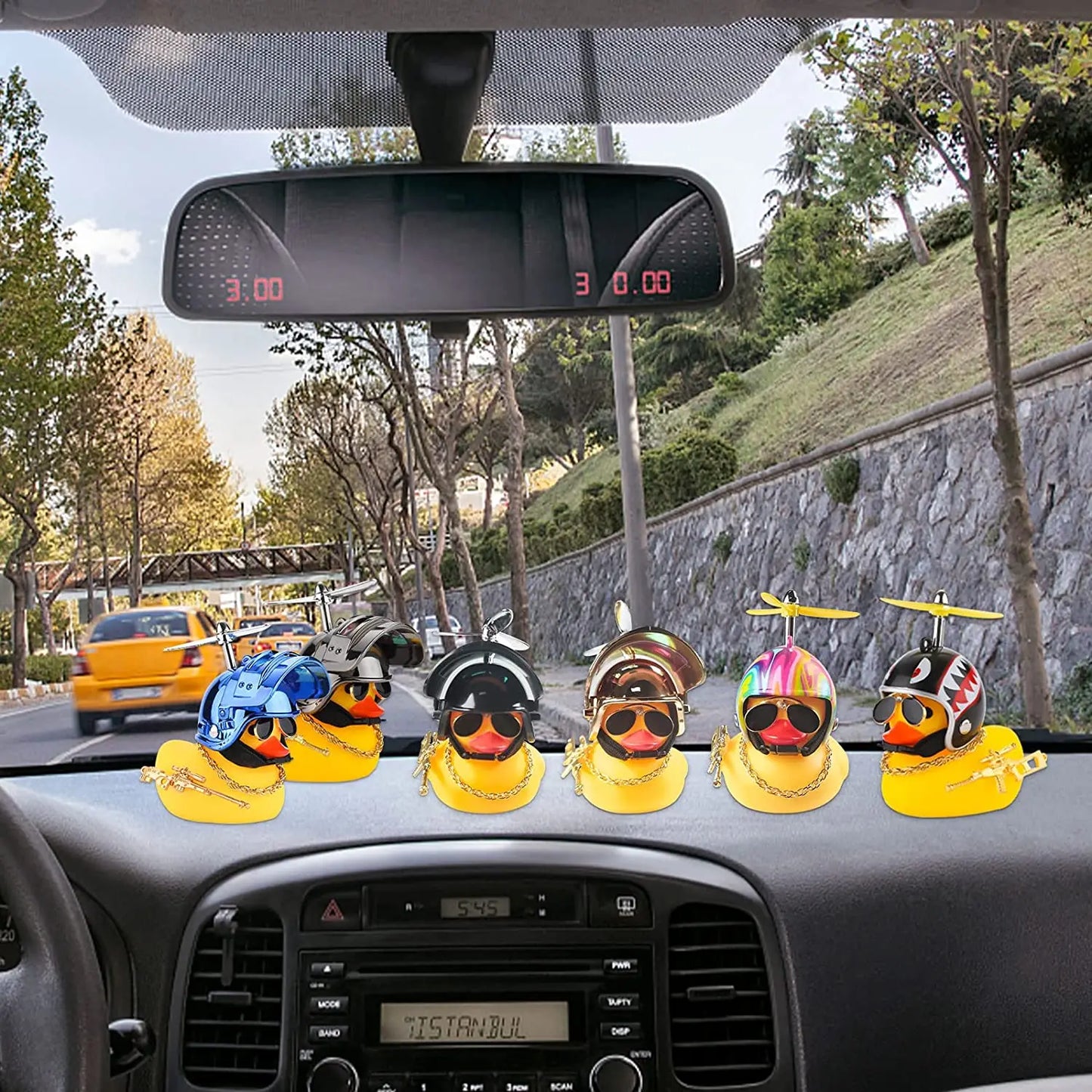 Cute Rubber Duck Toy Car Ornaments Yellow Duck Car Dashboard Decorations Bike Gadgets with Propeller Helmet Car Accessories