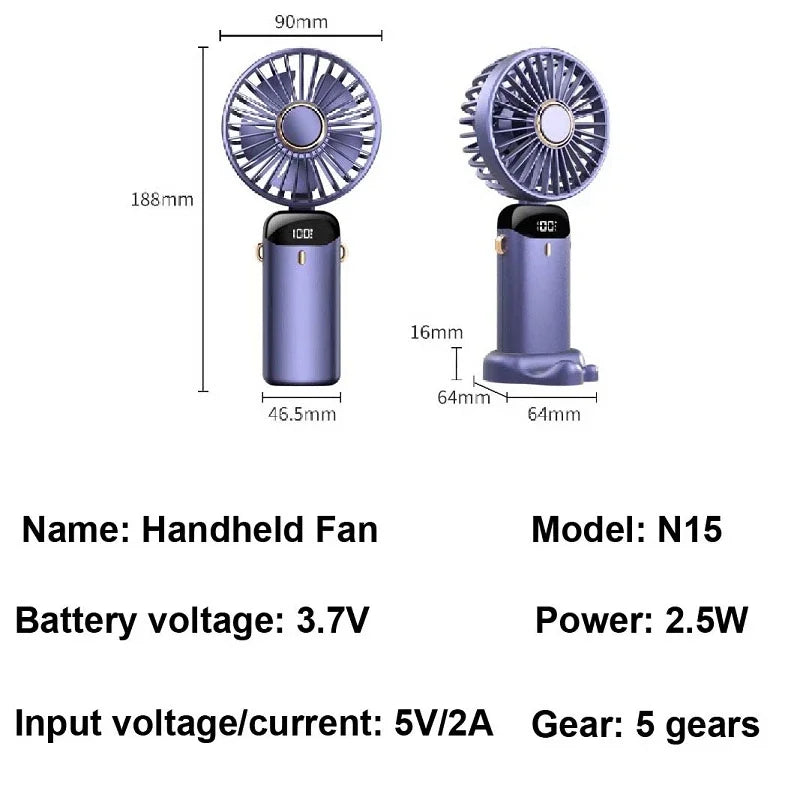 Handheld Mini Fan 3000mAh Foldable Portable Neck Hanging Fans 5 Speed USB Rechargeable Fan with Phone Stand and Display Screen