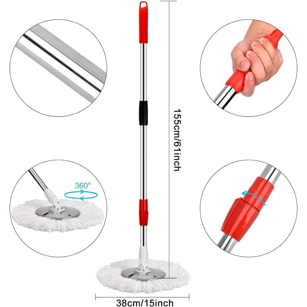 Mop and Bucket Set, 360° Spin Mop and Bucket, Stainless Steel 61" Extended Handle