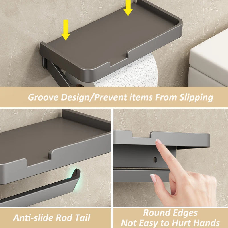 Bathroom Toilet Roll Paper Shelf Wall-Mounted Tissue Roll Holder with Storage Tray Aluminum Bathroom Phone Stand Organizer Rack