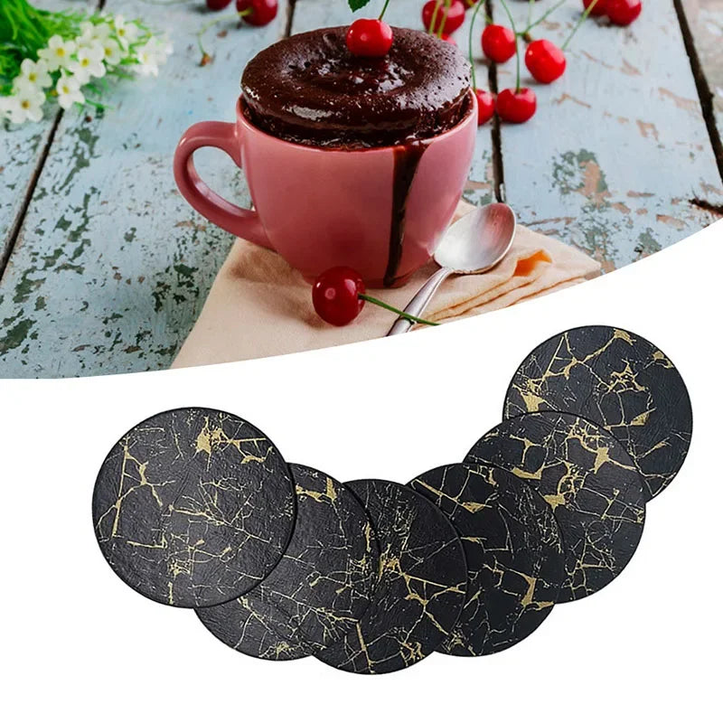 6pcs Heat-resistant Marbling PU Leather Coaster Set Drink Coffee Cup Mat Black White Round Tea Pad Table Easy to Clean Placemats
