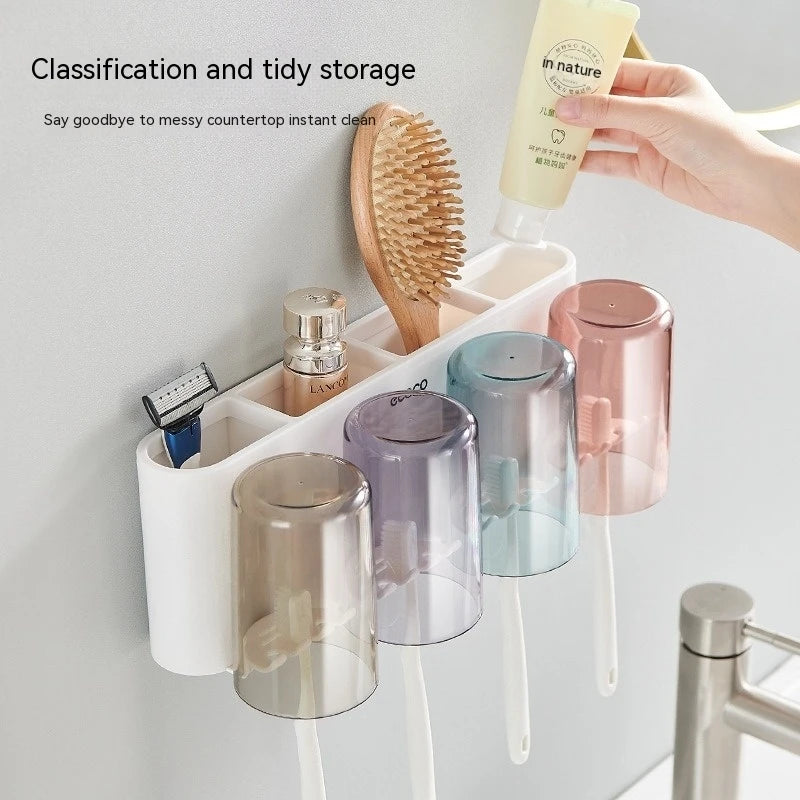 Wall-Mounted Toothbrush Holder with Transparent Gargle Cup Storage Rack Bathroom Punch-Free Toothpaste Holder Storage Set