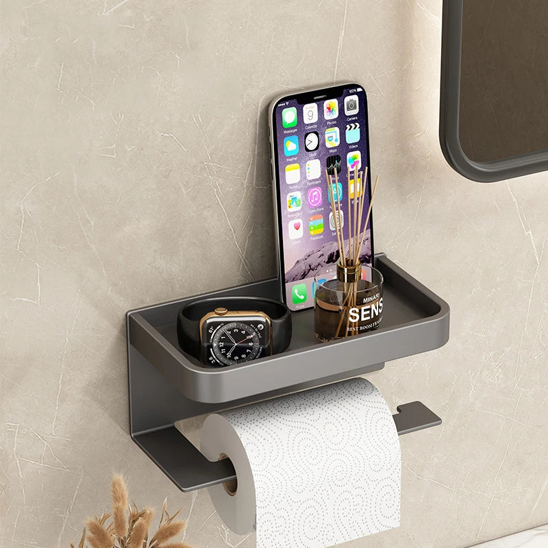 Bathroom Toilet Roll Paper Shelf Wall-Mounted Tissue Roll Holder with Storage Tray Aluminum Bathroom Phone Stand Organizer Rack