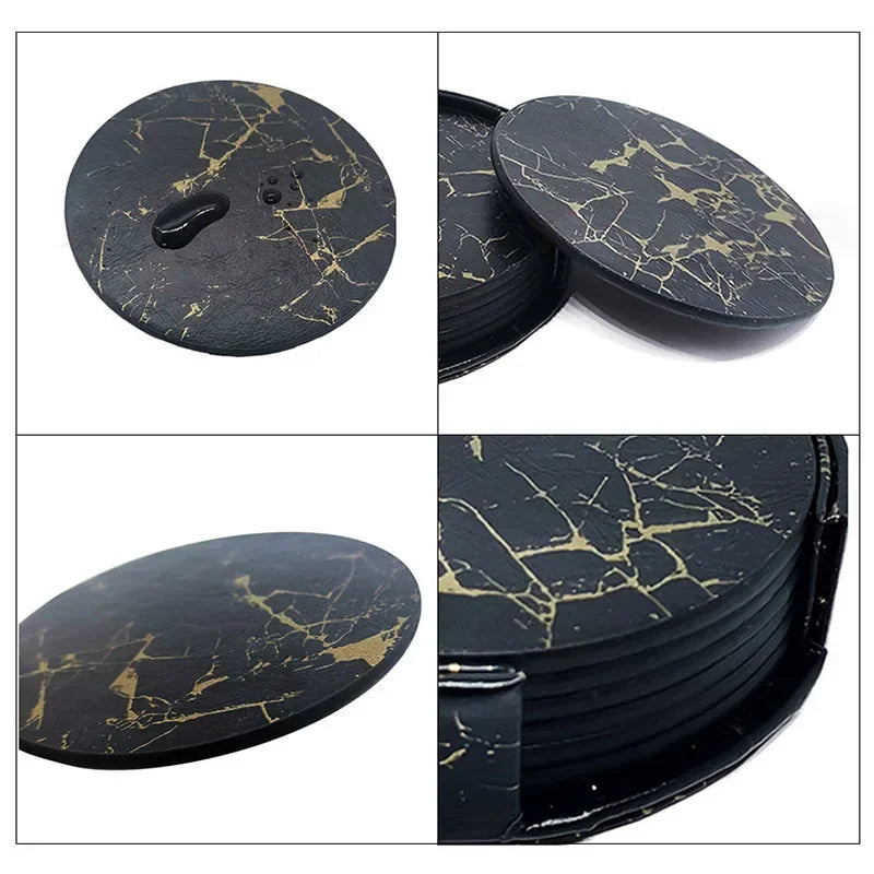 6pcs Heat-resistant Marbling PU Leather Coaster Set Drink Coffee Cup Mat Black White Round Tea Pad Table Easy to Clean Placemats