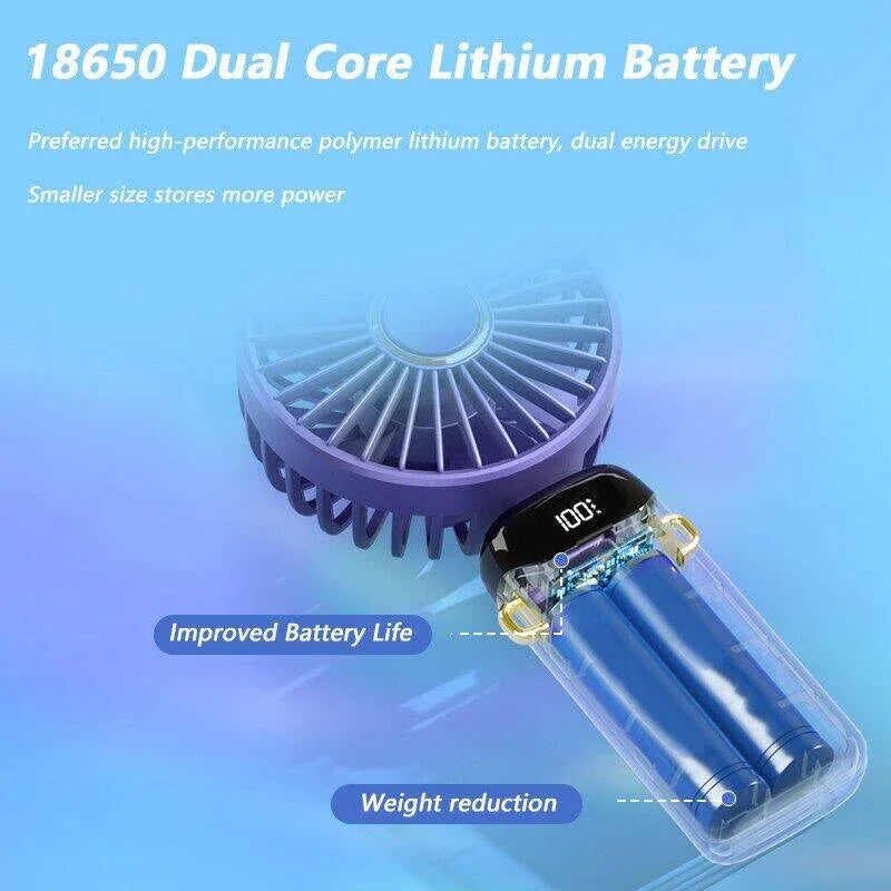 Handheld Mini Fan 3000mAh Foldable Portable Neck Hanging Fans 5 Speed USB Rechargeable Fan with Phone Stand and Display Screen