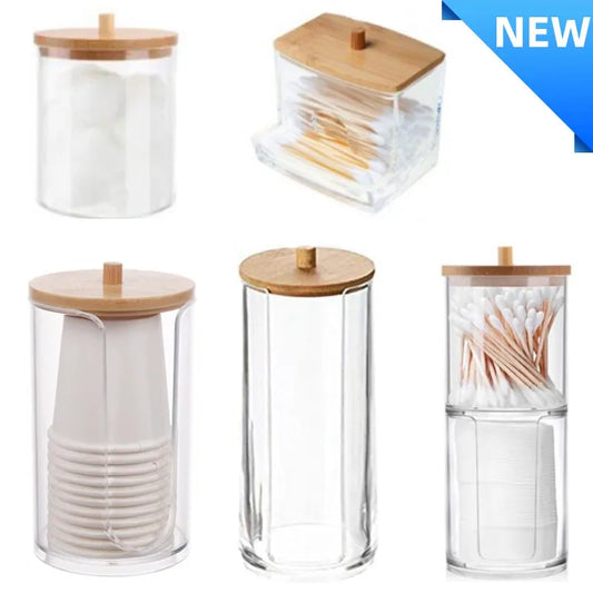 Wooden Cover Acrylic Storage Box Cosmetic Cotton Organizer Multifunctional Jewelry Box Cotton Swab Storage Box Desktop Organizer