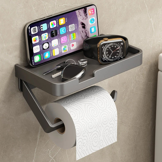 Bathroom Toilet Roll Paper Shelf Wall-Mounted Tissue Roll Holder with Storage Tray Aluminum Bathroom Phone Stand Organizer Rack