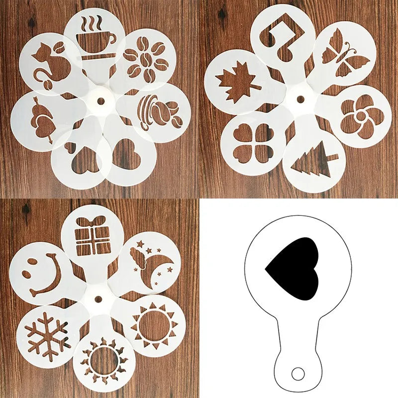 19 Pcs/set Fancy Coffee Printing Model Foam Spray Cake Stencils Coffee Drawing Cappuccino Mold Powdered Sugar Sieve Tools