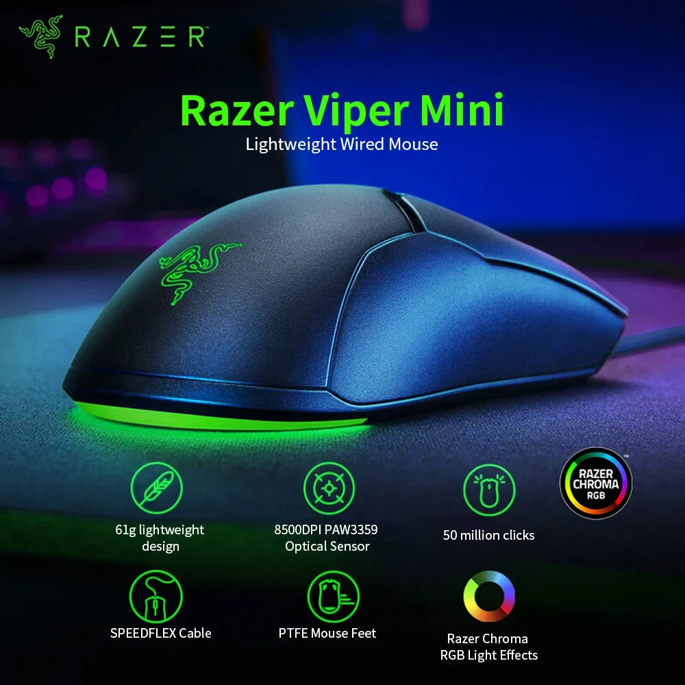 100% Razer Thundersnake Viper Mini Edition Optical Sensor Light USB Computer Mouse Esports Game Mouse Wired Office Notebook RGB