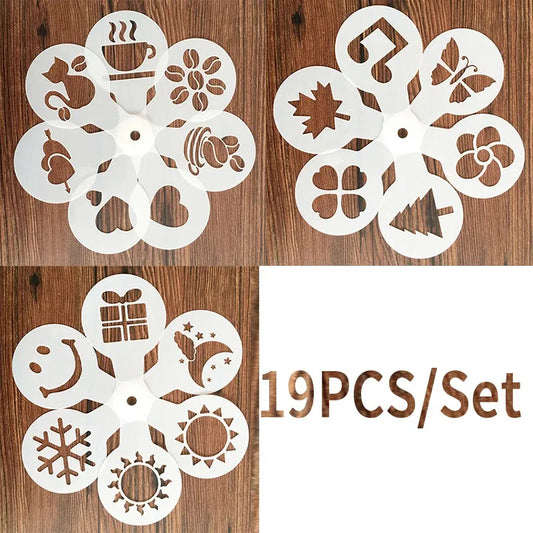 19 Pcs/set Fancy Coffee Printing Model Foam Spray Cake Stencils Coffee Drawing Cappuccino Mold Powdered Sugar Sieve Tools